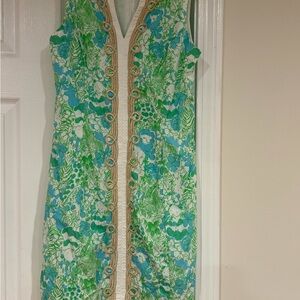 Lilly Pulitzer Size 4 Green & Aqua Floral Braided-Trim Midi Dress